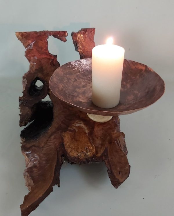 Wood and Copper Candle Holder Sculpture
